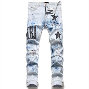 European Jean Hombre Letter Star Jean Hombres Bordado Patchwork Ripped Jeans Para Hombres Trend Brand Motorcycle Pant Mens Jean Skinny X220214
