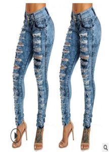 European Jeans American Foreign Trade -border Nieuwe doorboorde hoge taille en kleine voeten jeans multi buttonhole dameskleding3651406