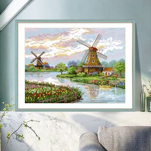 Moulin à vent néerlandais paysage européen, bricolage des kits de point de croix faits à la main, tissu imprimé, tissu de tissu Aida 11ct