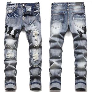 Lettre européenne Star Jean Hommes Broderie Patchwork Ripped Tendance Marque Moto Pantalon Hommes Skinny Jeans en gros designer haut de gamme