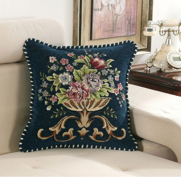 Coussin de luxe européen décoratif oreiller lin bleu rouge fleurs canapé décoratif housse de coussin taie d'oreiller 45x45 jeter décor à la maison taie d'oreiller YLW-001