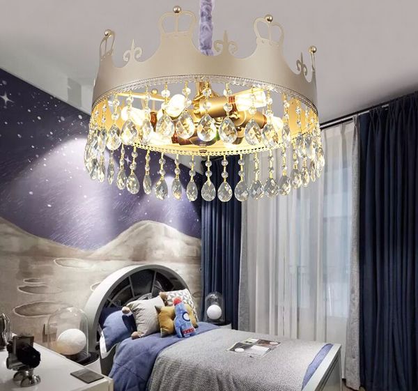 Lustre couronne dorée de luxe européen, lampe LED en cristal créative pour chambre de fille, chambre de princesse, dessin animé