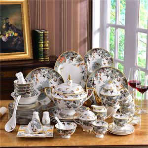 Europäische Luxus-Dschungeltier-Geschirr-Sets aus Keramik mit Handvergoldung, 58-teilig, Bone China-Geschirr, Teller, Geschirr, Kaffee- und Tee-Set