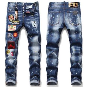Hombres europeos Marca Jeans Slim Denim Pantalones Stretch Blue Patchwork Hole Pantalones para hombres Jeans rasgados JS1059 211011