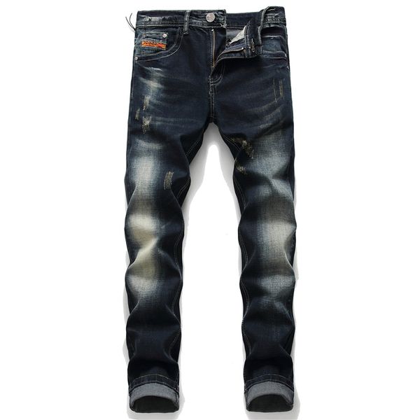 Hommes européens italie marine jeans pantalons hommes jeans slim fermeture éclair pantalon droit gentleman trou noir pour