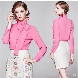 Nuevo diseño europeo para mujer, cuello levantado, color rosa, lazo con cordones, retales, bonita blusa de manga larga dulce, camisa de talla grande M302O