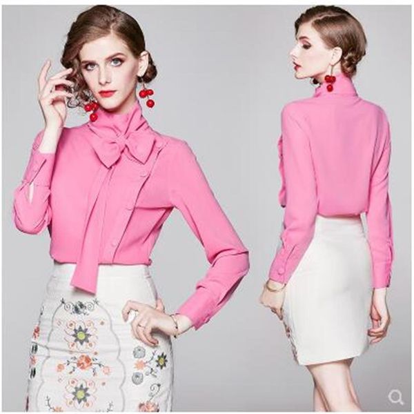 Col montant des femmes de nouveau design européen rose couleur rose laçage arc patchwork mignon doux chemisier à manches longues chemise, plus la taille M302O