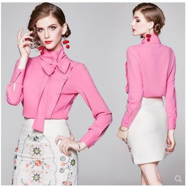 Europese nieuwe ontwerp vrouwen stand kraag roze kleur vetersluiting boog patchwork leuke zoete lange mouw blouse shirt plus size M245q