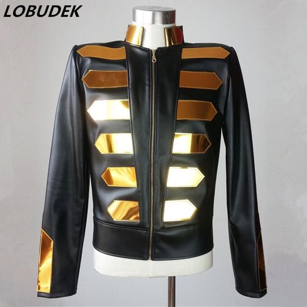 Discothèque européenne Bar marée Costume masculin miroirs dorés paillettes veste en cuir PU noir mince manteau Cool mâle DJ chanteur Punk Rock scène Costume