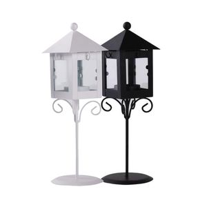 Oude European Street Light Candle Holder London Kiosk Shape Hurricane Lantern Black White Iron Glass Art Stand