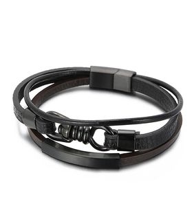 Bijoux Punk européens 5 pièces, breloque en acier inoxydable, accessoires métalliques, 3 couches, Bracelet en cuir pour hommes, noir 6475672