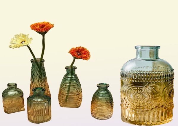 Européen rétro romain Relief Art verre Vase intérieur bureau Table plante fleur décoration de la maison accessoires Transparent verre Vase LJ22746184