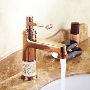 Robinet de lavabo en céramique rétro européen, or Rose, Bronze, poignée unique, mitigeur d'eau monté sur le pont de cuisine, robinet d'évier de salle de bains 191S