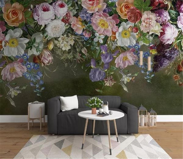 Papier peint 3d de mur de fond de TV de fleur de rose peinte à la main vintage rétro européen