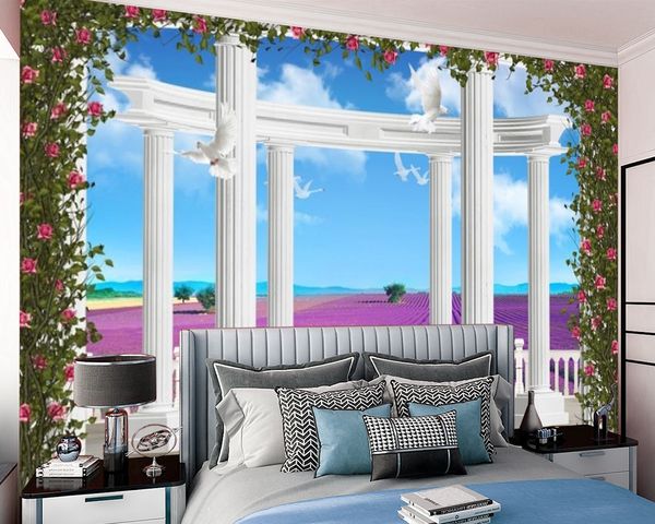 Papel tapiz 3d de mar de flores púrpuras de columna romana europea, papel tapiz para sala de estar, dormitorio, cocina, Mural de seda para mejorar el hogar