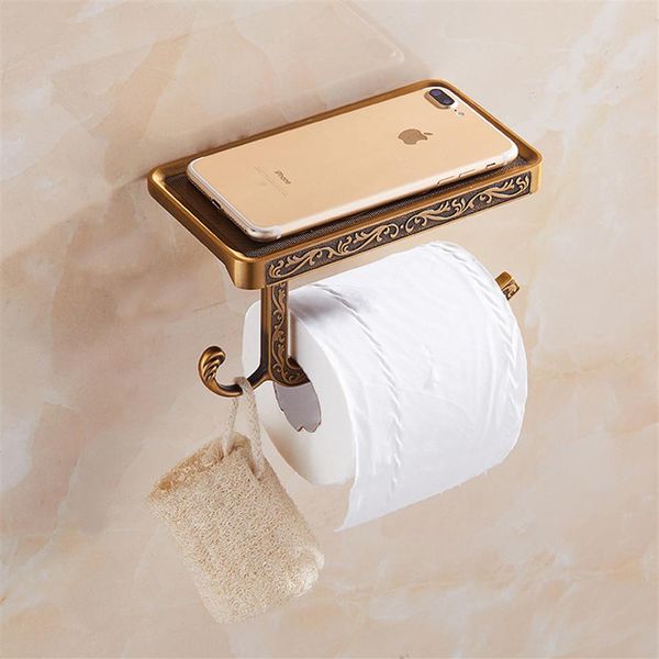 Étagère de téléphone de salle de bain antique de style européen porte-rouleau de papier de surface sculpté porte-papier hygiénique en aluminium avec crochets suspendus255x