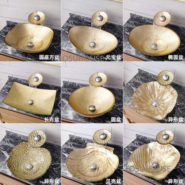 Cuenca de baño de estilo europeo Tabla de vidrio templado Muebles de baño doméstico Gold de oro