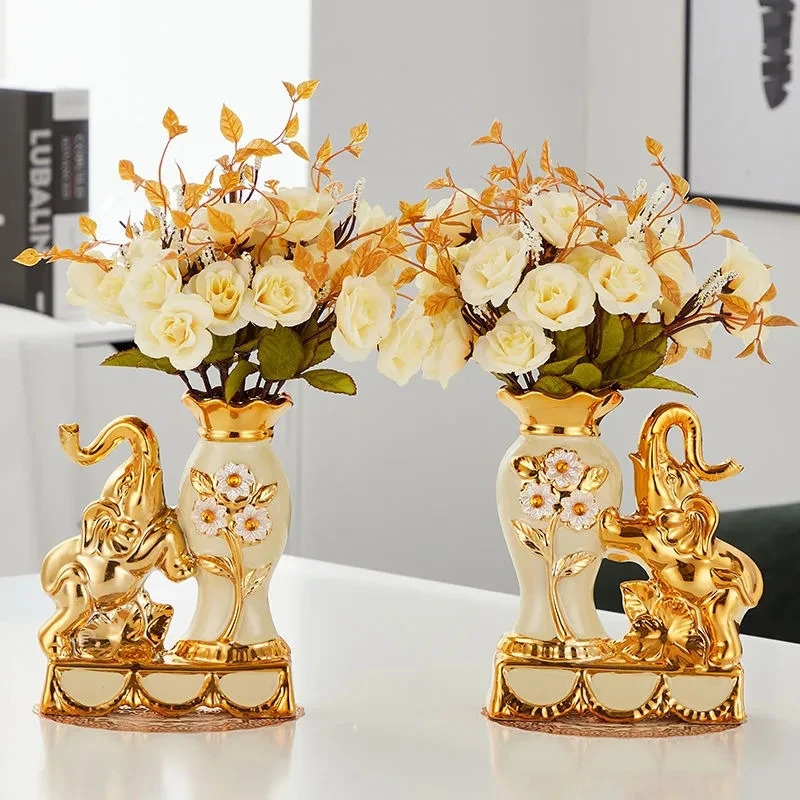 European Style Ceramic Golden Vase Arrangement Dining Table Home Decoration Accessories Creative Golden Elephant Vases 240105