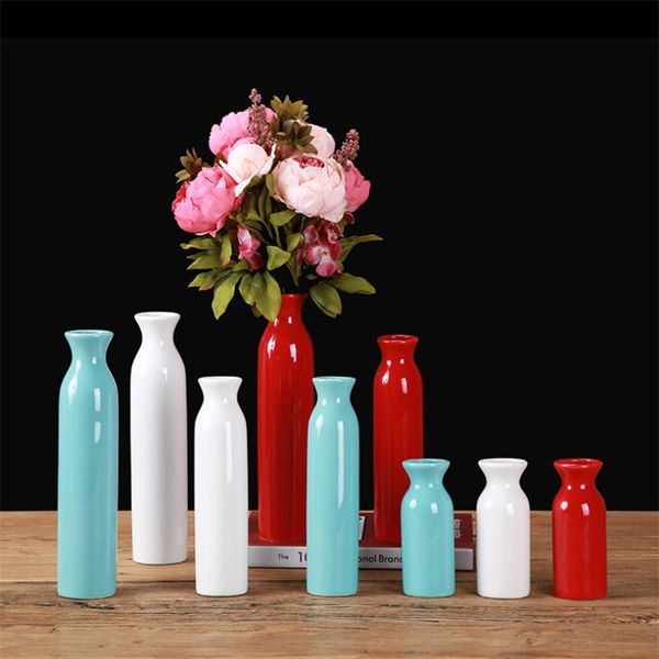 Vase de céramique minimaliste moderne de style européen bleu / blanc / rouge Glaçure de mariage Fleurs séchées Vase Accueil Décoration Cadeaux