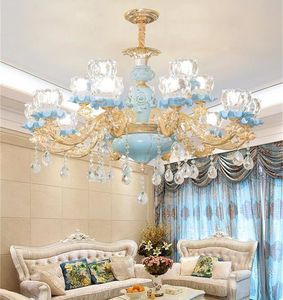 Europese stijl kristal kroonluchter woonkamer lamp zinklegering led huishoudelijke blauwe keramische netto rode plafondverlichting slaapkamer hanglamp