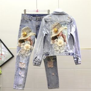 Europese stijl denim jas vrouwen mode zwaar borduurwerk kralen lovertjes geborduurde bloem wassen water jeans denim jassen T200113