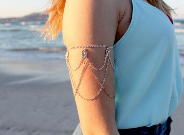 Estilo europeo moda verano playa plateado cadenas multicapa mujer chica cabeza de leopardo esclavo brazo pulsera brazalete joyería