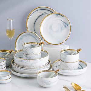 European Style Full Tableware Plate Sets Marble Luxury Christmas Dishes Fruit Ceramic Abendessen Platten Kitchen Accessories