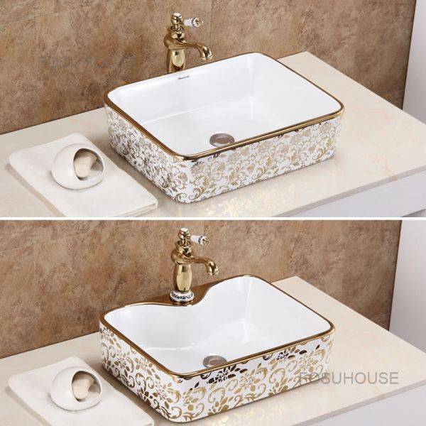Cuenca de plataforma de oro de estilo europeo Fregaderos de baño para el baño a alta temperatura Cerámica de oro lavado de lavado de lavavajillas de hotel Washbasins