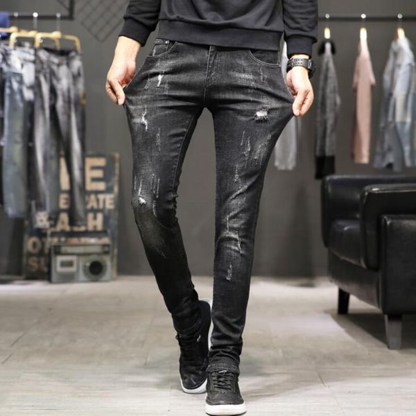 Style européen Mens Jeans Casual Beauté Femmes Imprimer Hommes Denim Pantalon Noir Slim Crayon Pantalon