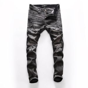 Europese stijl heren elastische jeans rechte denim broeken rits patchwork slank grijs gat Jean voor mannen