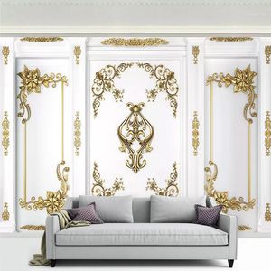 Style européen Mural Blanc Papier peint 3D Stéréo Golden Carve Modèles Peinture murale Salon TV Canapé Décor à la maison Fresque1