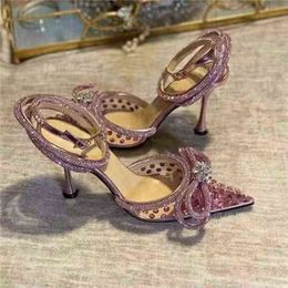 Style européen nouveau nœud couleur strass bout pointu sandales transparentes femmes talons aiguilles 220520