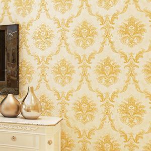 Papel pintado no tejido de estilo europeo patrón de damasco clásico rollo de papel de pared espumante papel tapiz de lujo amarillo