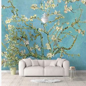 Europese stijl perzik bloesem handgeschilderde retro takken wallpapers 3D stereoscopisch behang