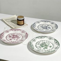 Platos de estilo europeo, platos de cena florales rosas, plato de postre de cerámica con relieve de encaje, cena occidental A0044