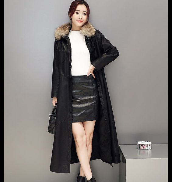 Style européen raton laveur véritable col de fourrure femme longue conception mince vêtements d'extérieur en peau de mouton veste en cuir plus grand buste taille Trench Coat vêtements