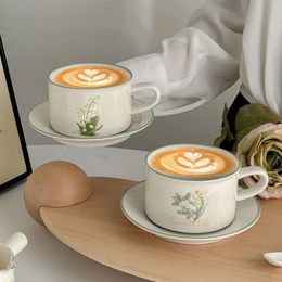 Europese stijl retro keramische mok bloempatroon koffiekopje en schotel afternoon tea cup dessertplaat melksap latte cadeau 240523