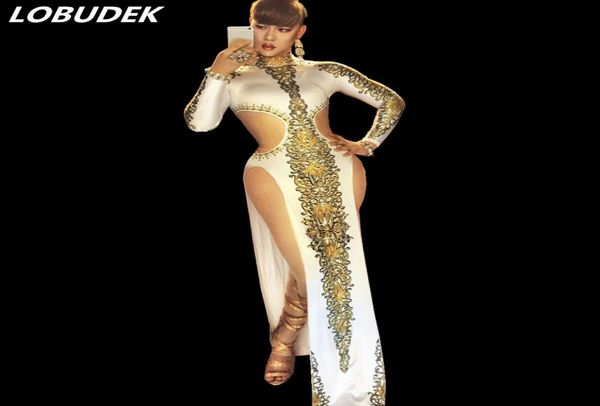 Style européen rétro impression robe fendue haute discothèque Costumes femme chanteuse scène porter danseur Bar DJ DS performance une pièce3882473