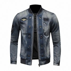 Estilo europeo Stand Collar Patch Bomber Pilot Blue Denim Jacket Hombres Jeans Abrigos Motocicleta Casual Outwear Ropa Abrigo S9AD #