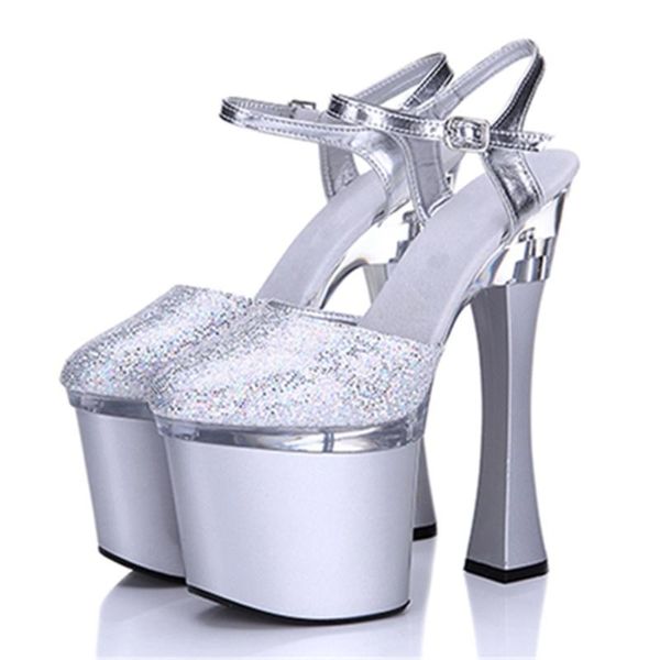 Style européen T modèle 2021 Baotou chaussures pour femmes 18CM Sexy talons Ultra hauts argent paillettes mariage sandales épaisses