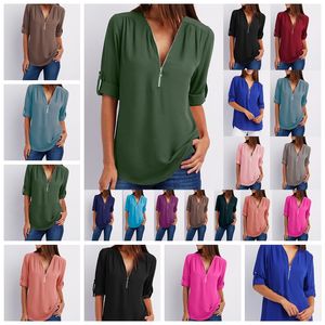 Europese stijl V Collar Zipper Pure kleur Lange mouw ontspannen vrije tijd chiffon shirt s ~ 5xl ondersteuning gemengde batch