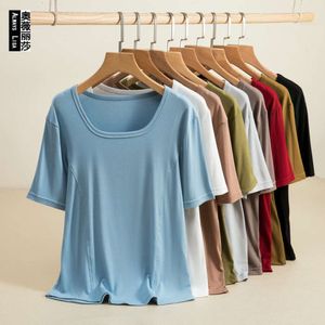 Collier en coton en coton fileté européen T-shirt à manches courtes pour femmes 2024 Nouveau corps de décoration printemps / été petite petite chemise élégante mince