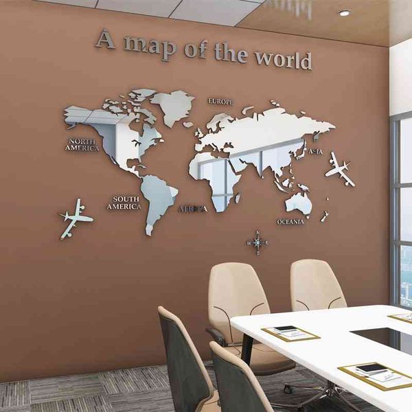 Tipo europeo Mapa del mundo 3D Acrílico Pegatinas de pared Pegatinas de espejo de cristal para oficina Sofá TV Fondo Pegatinas decorativas de pared 210615