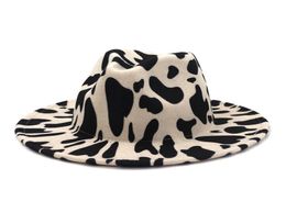 European US Style Cow Print Jazz Jazz Felt Hat Faux Wool Fedora Chapeaux Femmes Men Wide Brim Panama Party Formal Hat9190049