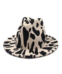 European US Style Cow Print Jazz Jazz Felt Hat Faux Wool Fedora Chapeaux Femmes Men Wide Brim Panama Party Formal Hat7055312