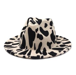 European US Style Cow Print Jazz Jazz Felt Hat Faux Wool Fedora Chapeaux Femmes Men Wide Brim Panama Party Formal Hat9764403