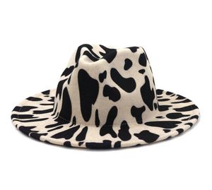 European US Style Cow Print Jazz Jazz Felt Hat Faux Wool Fedora Chapeaux Femmes Men Wide Brim Panama Party Formal Hat5987549