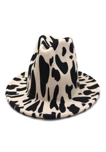 European US Style Cow Print Jazz Jazz Felt Hat Faux Wool Fedora Chapeaux Femmes Men Wide Brim Panama Party Formal Hat1484074