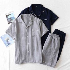 Version européenne Sleepwear Plus Taille Pajama Ensembles d'été Men's Sumers Shorts à manches courtes 100% coton Ménage Solid Pyjamas Sid 210901