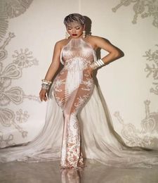 European Vintage White Fringe Pringing Tail Long Dress Bar Nightclub zanger Host Performance Outfit Hostmodel Catwalk Tassel Dres1734775